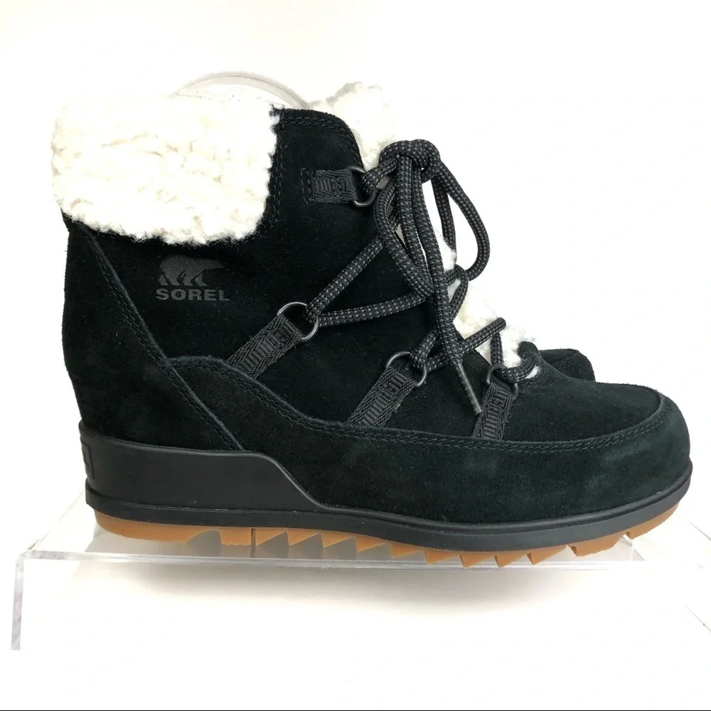 Sorel Black Suede Sherpa Sheep like Fur Wedge Comfy Shoes Sz 9 - HTF